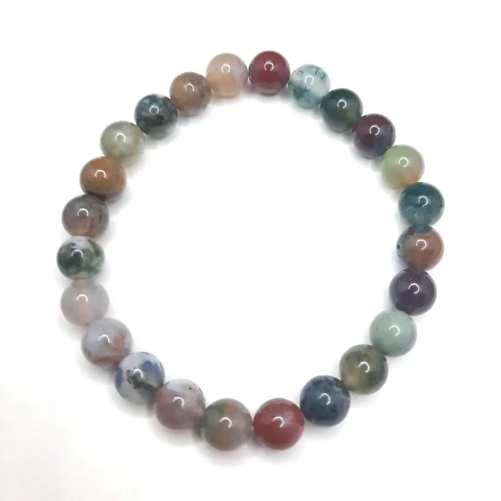 Indian Agate Beaded Bracelet Artisan Gemstone 8mm Stretch Stackable Boho Earthy
